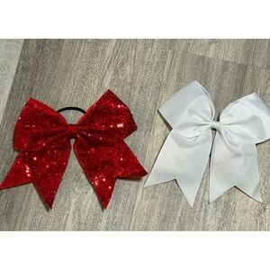 Cheerleading Hair‎ Bows Set Red Sequin & White Competition Dance Team Kids